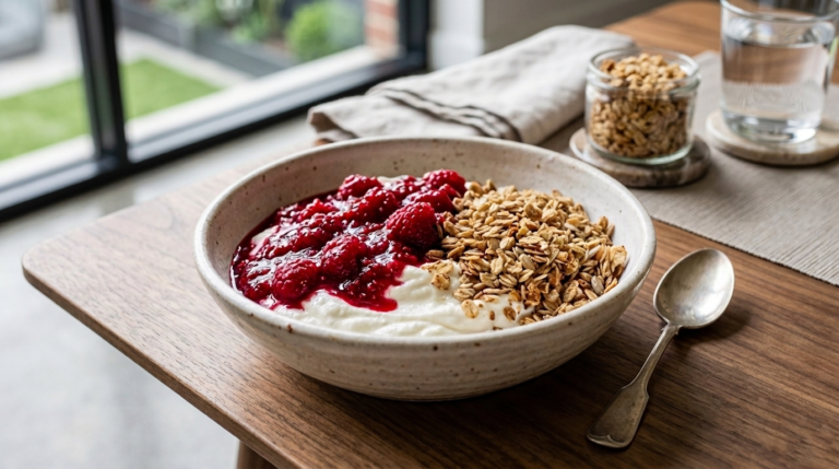 Low-Fat, Low-Sugar Raspberry Granola Yogurt Bowl (A Heart-Healthy Breakfast for High Triglycerides & Prediabetes)